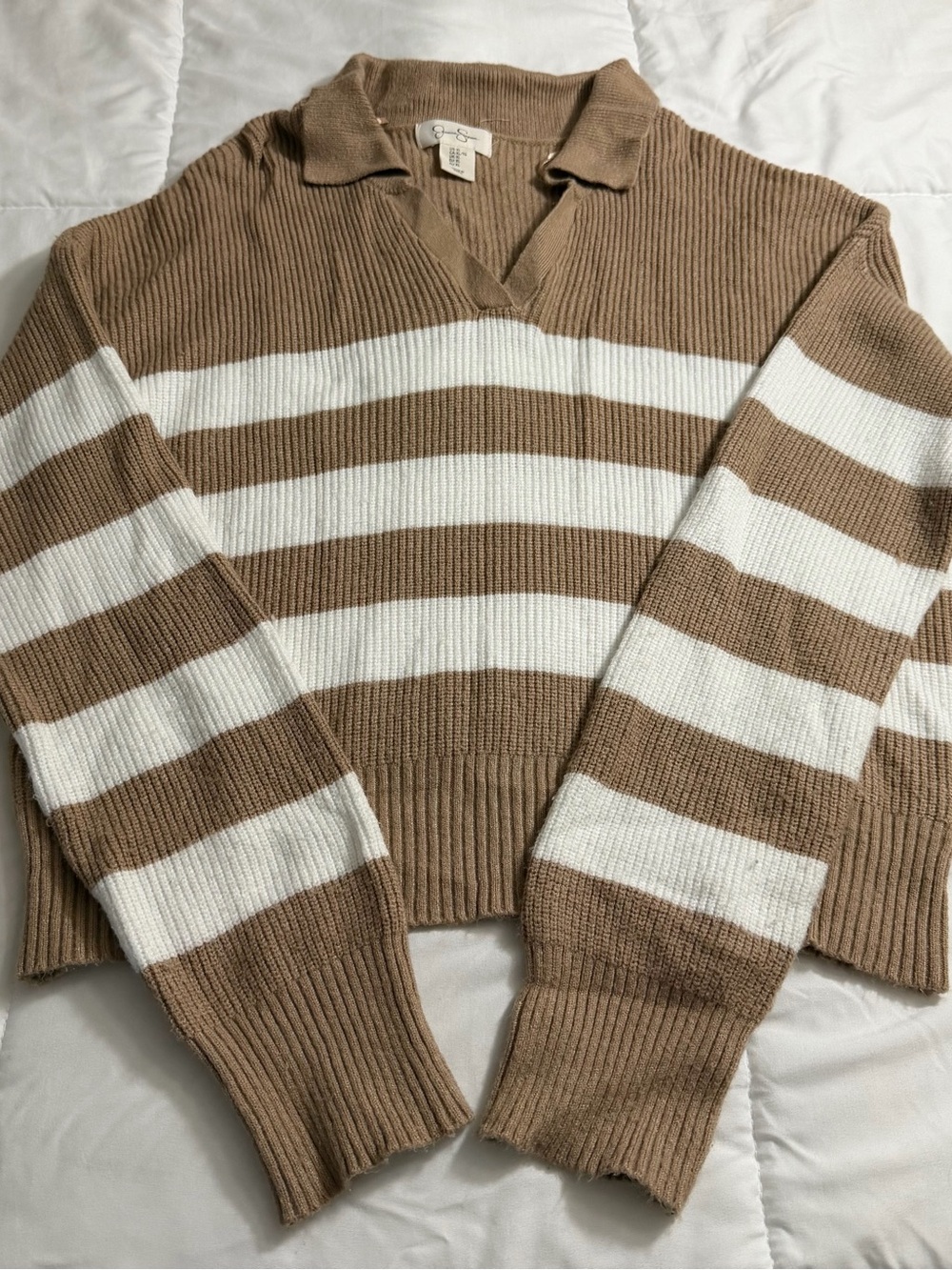 Jessica Simpson Tan & White Striped V‑Neck Polo Sweater